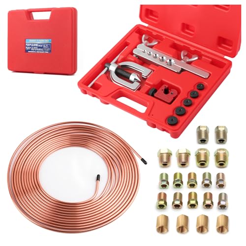 25Ft 3/16" Brake Line Kit,Double & Single Brake Line Flaring Tool Kit Includes Flaring Tool/Nuts/Adapters/Tube Cutter,Universal Brakes Lines Repair Kits for Hydraulic Brakes System