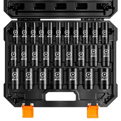 boen 10mm-36mm 1/2” Drive Metric Socket Set, Impact Deep Socket, 6-Point Axle Nut Socket with Portable Case, Rugged Construction, CR-V Steel, 27PCS
