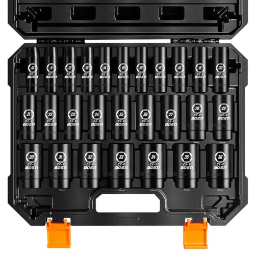 boen 10mm-36mm 1/2” Drive Metric Socket Set, Impact Deep Socket, 6-Point Axle Nut Socket with Portable Case, Rugged Construction, CR-V Steel, 27PCS