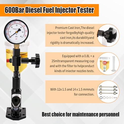 600Bar 8700PSI Diesel Fuel Injector Tester Kit, Diesel Injector Nozzle Tester for Adjust Injector Nozzle Pressure and Testing Diesel Injector Nozzle Pop Pressure Tester with Dual Scale Gauge
