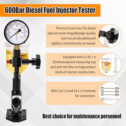 600Bar 8700PSI Diesel Fuel Injector Tester Kit, Diesel Injector Nozzle Tester for Adjust Injector Nozzle Pressure and Testing Diesel Injector Nozzle Pop Pressure Tester with Dual Scale Gauge