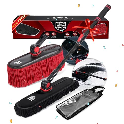 Car Duster Exterior, Dual Head, 4 Pcs, Black | Telescoping pole for boats. Chenille auto wash brush scrubs grime, while dry mop sweeps dust. - color: Red Black