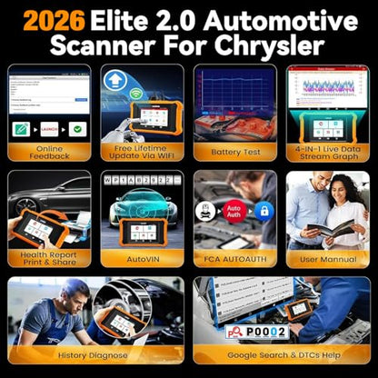 Launch X431 Elite 2.0 Bidirectional Tool Fit for Chrysler for Dodge for Jeep, 2026 Upgrade Full System Diagnostic Code Reader, 100+ Resets, AutoVIN, FCA Autoauth, Lifetime Free Update