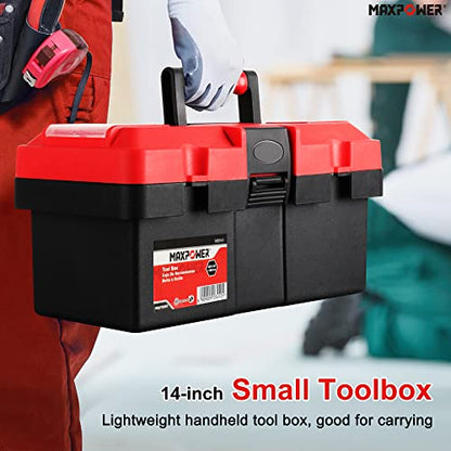 MAXPOWER Small Tool Box, 14-inch Plastic Tool Boxes with Handle | Removable Tray with Dual Lock Secured, Red Toolbox for Home - size: 14”, style: 14" red
