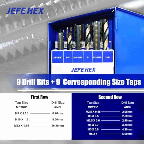 JEFE HEX 18pcs Metric Drill and Tap Set with 1 Piece T-Handle Ratchet Tap Wrench, Tap Range M2.5 * 0.45—M12*1.75, Black and Gold Premium HSS Jobber Length Drill Bits and Hand Plug Taps with Metal Box - size: 18PCS Metric