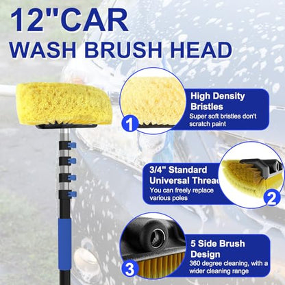 18Ft Reach Car Wash Brush with Long Handle, Car Cleaning Brush 12-Inch Soft Bristles, 3-12Foot Aluminium Telescoping Pole for Scratch-Free Cleaning RV, Car, Boats, Truck, Floors, Solar Panels - size: 12FT