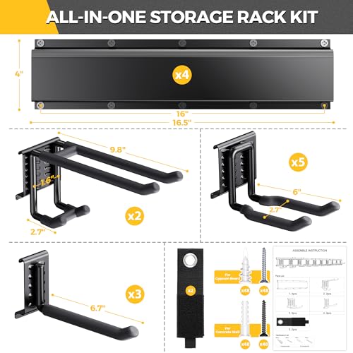 LBT 66" Garage Tool Organizer Wall Mount - 720lbs Garden Tool Organizer with Adjustable Hooks, Heavy Duty Metal Garage Storage Rack, Anti-Rust Shed Rack Holder Hanging Rake Broom Mower Snowboard - size: 66inch