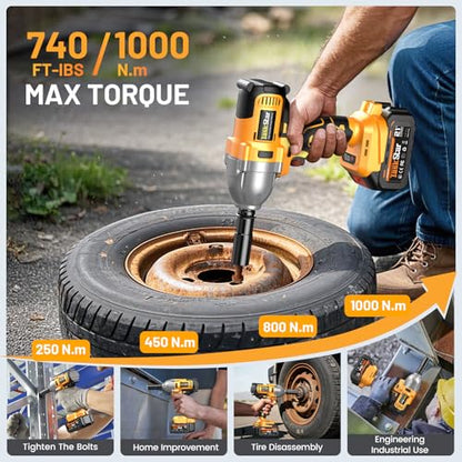 TaskStar Cordless Impact Wrench 740 Ft-lbs(1000N.m) 3300RPM High Torque 1/2 Inch Impact Gun, Electric Impact Driver, Brushless Motor, 2x4.0Ah Battery Fast Charger for Car Tires Truck Mower - style: 4.0 Ah
