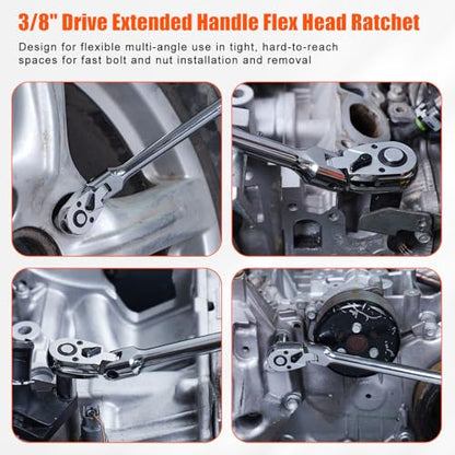 Matework 3/8" Drive Flex Head Ratchet Wrench, 17-Inch 90-Tooth Long Handle Ratchet with Quick Release and Reversible Switch, CR-V Steel, 180° Swivel Head Ratchet for Automotive, Home and DIY Repair - size: 3/8" Dr 90T Flex Head Ratchet