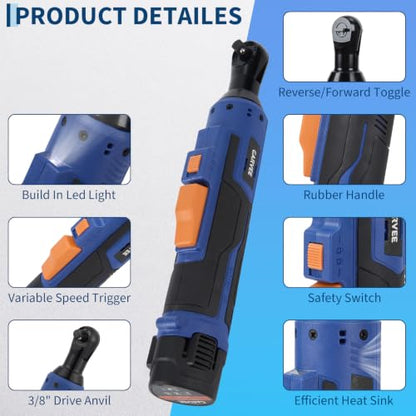 Garvee 3/8" Cordless Ratchet Wrench Set, 45Nm High Torque Electric Ratchet with 300RPM Variable Speed, Data Cable, 21V Max & 2×2.0Ah Batteries, 10 Sockets, LED Work Light