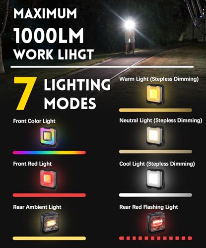 Rechargeable Magnetic Work Light, Portable LED Work Light with 7 Modes & Stepless 1800K-5500K, 360° Rotatable with Hook, Mechanic Light for Car Repair Camping Outdoor Emergency