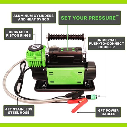 MORRFlate Air Compressor FiveSix PSI Pro With Auto Shut Off Mode | Portable Single Cylinder 5.6 CFM 12V Offroad Air Compressor with 4FT Hose | Set Your PSI and Walk Away | Includes Bag and Gloves