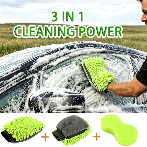 3 PCS Microfiber Car Wash Mitt, Microfiber Chenille Car Wash Sponge Glove for Car Washing and Detailing Scratch-Free, Lint-Free, Foam Gun, and Absorbent, Foam Scrubber, Cleaning Supplies