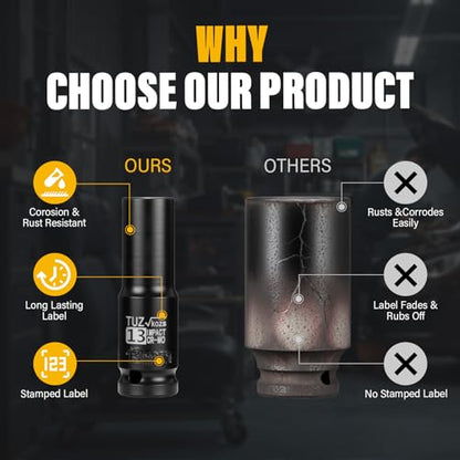 1/2 Inch Drive 13mm Deep Metric 6 Point CR-MO Impact Socket | Radius Corner Design,Square Chamfered Opening,Axle Nut Impact Grade Socket for Easy Removal - size: 1/2” Drive 13mm Deep, style: 1/2" Drive Deep Socket