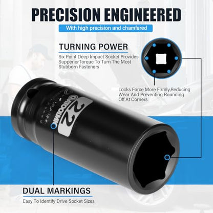 5 PCS Metric Impact Socket Set 1/2" Square Drive,Deep 15mm, 17mm,19mm,21mm,22mm Allen Sockets,CR-MO Alloy Steel,6 Point Radius Corner Design,Rugged Construction,With Storage Red Case - size: 1/2" Metric 5pc