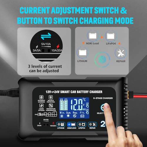 20Amp: 12/24V Smart Car Battery Charger – Automatic Maintainer, Trickle Charger & Desulfator with Overcharge Protection & Temperature Compensation – for Lead-Acid & Lithium & LiFePO4 Batteries - color: Black