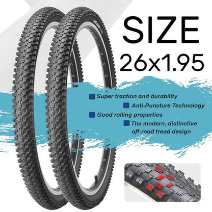 Hycline 2-Pack Mountain Bike Tires Set: 20/24/26/27.5-inch Folding Replacement High-Performance Wear-Resistant Bicycle Tires and Pair Inner Tubes with Tire Levers for MTB Off-Road Bike - color: 26x1.95-30TPI