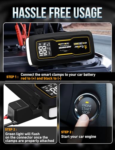 EcoNour Battery Jumper Starter Portable 1600A Peak Up to 7L Gas & 5L Diesel Engines 12V Lithium Jump Box with Jumper Cables, USB Charger, LCD Display, LED Flashlight – for Cars, SUVs, Trucks - color: Black