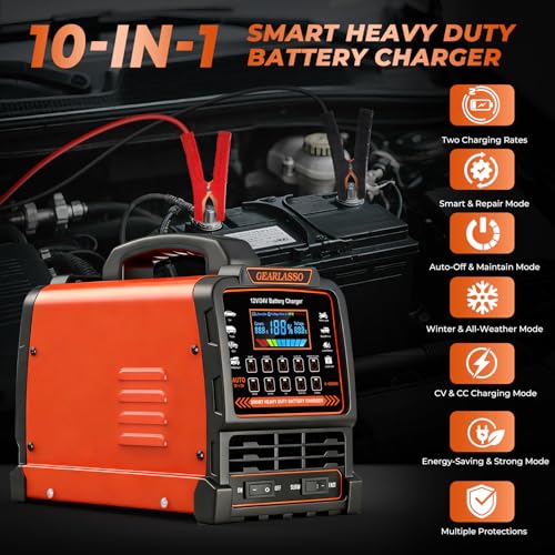 12V 24V Car Battery Charger Heavy Duty, 0-15A Automatic Battery Maintainer with Auto Shutoff, 10 Charging Modes incl. CV/CC & Strong Mode, Smart Trickle Charger for Car Truck Motorcycle RV