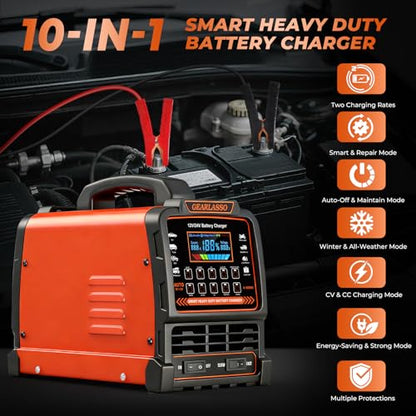 12V 24V Car Battery Charger Heavy Duty, 0-15A Automatic Battery Maintainer with Auto Shutoff, 10 Charging Modes incl. CV/CC & Strong Mode, Smart Trickle Charger for Car Truck Motorcycle RV