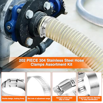 KELIN 202PCS 304 Stainless Steel Hose Clamp Kit, 8 Sizes from 1/4" to 2" (6-51mm) Adjustable Worm Gear Clamps with Socket Wrench & Screwdriver, Automotive Fuel Line Water Pipe Clamps Assortment Set - size: 202PCS