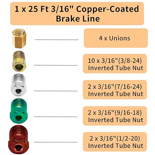 3/16 Inch 25 Ft Copper Coated Brake Line Kit with Flaring Tool | Includes 16 Fittings and 4 Unions Brake Line Fittings, Tube Bender - color: light gold