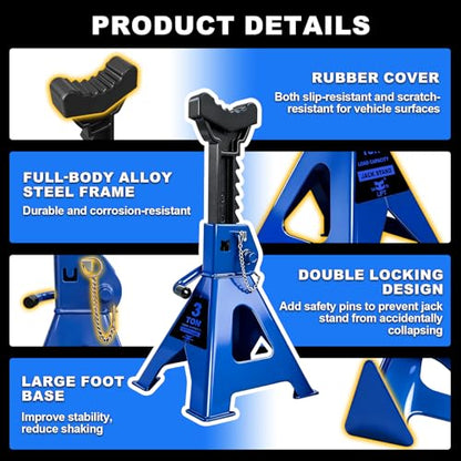 Jack Stands 3 Ton (6,600 LBs) with Double Pin Locking,Rubber Cover and Large Foot Base,12"-17" Adjustable Height Heavy Duty Jack Stands,Lifting Car,SUV,MPV,Pickup Truck,ATV/UTV,2 Pack Blue | 6,600 LBs Capacity, Double Pin Locking, Rubber Cover and Large F