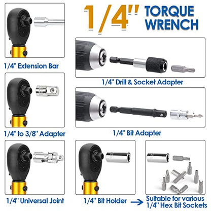YIYEIE 50Pcs Master Bike Torque Wrench Set, 1/4 Inch Drive, 10-230 IN.LB (1-26.0 Nm), Inch Pound Click Torque Wrench with Bit Sockets, 0.1 Nm Micro, 3/8 Adapter, Pro Bicycle Tool Kit for MTB - size: 1/4″ 50PCS