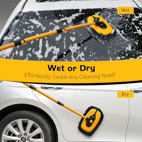 Ordenado 57" Car Wash Brush with Long Handle, 15°Curved Chenille Microfiber Car Wash kit with Extension Pole & Replacement Head, RV Car Cleaning Washer, Scratch-Free Mop for Truck, SUV, Boat - color: Black and Yellow-2