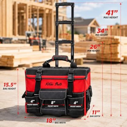 XtremepowerUS Rolling Tool Bag Wheels, 18-Inch Heavy Duty Tool Bag Organizer, Retractable Telescoping Handle, Durable Multi-Pocket Tool Tote Construction, Electrical, Plumbing, HVAC & Mechanic Tools