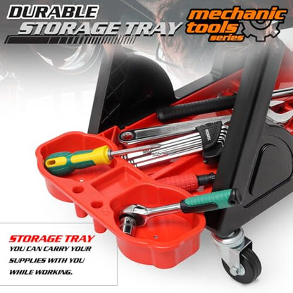 M-AUTO Mechanic Stool Detailing Seat Mobile Rolling Utility Creeper Seat w/Lockable Swivel Wheels, 300LBS Capacity Roller Creeper Seat w/Storage Tool Tray and Drawers, 23" Red
