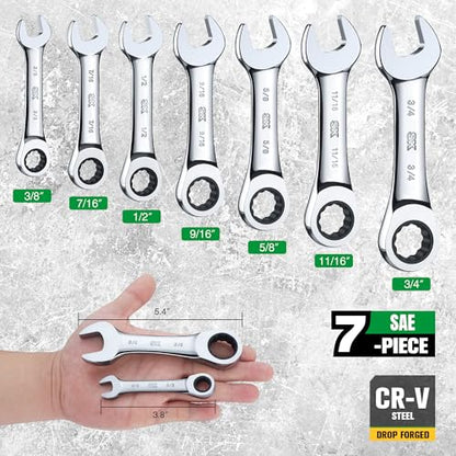 SK Stubby Ratcheting Wrench Set, Combination Wrench Set, 7-Piece, SAE 3/8" to 3/4", 72-Tooth, CR-V Steel, with Rolling Pouch - size: SAE
