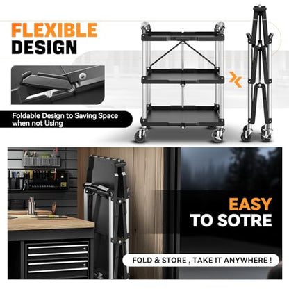Auto Dynasty 3-Tier Folding Utility Cart with Wheels Lockable, 265LB Heavy Duty Collapsible Service Cart Foldable Rolling Carts for Home, Garage, Warehouses, Restaurants, Workshops - style: Foldable Cart