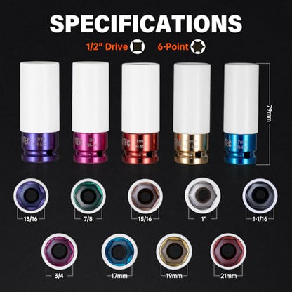 9-Piece Impact Lug Nut Socket Set, 1/2" Drive | Metric (17,19,21mm) & SAE (3/4" to 1-1/16"), Thin Wall 6-Point Design, Colored Protective Sleeves, Non-Marring Rim Guard - style: 17 19 21MM ; 3/4",13/16",7/8",15/16",1",1-1/16"