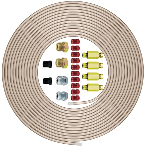 Genuine 3/16"ODx25FT Copper Nickel Brake Line Replacement Kit with 16 Nuts & 4 Unions/Connector – Non-Magnetic Copper Tubing with Fittings for Brake Systems, Easy to bend, Corrosion-Resistant