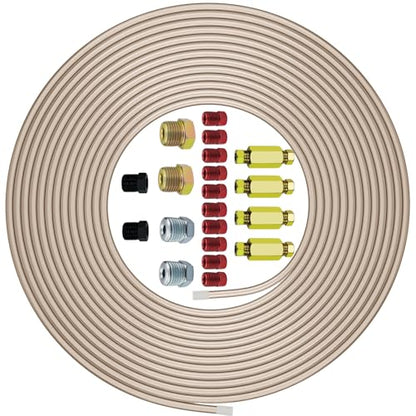 Genuine 3/16"ODx25FT Copper Nickel Brake Line Replacement Kit with 16 Nuts & 4 Unions/Connector – Non-Magnetic Copper Tubing with Fittings for Brake Systems, Easy to bend, Corrosion-Resistant
