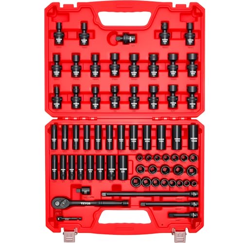 VEVOR Impact Socket Set 3/8" Drive, 67 PCS, CR-MO Swivel Sockets, SAE 5/16"-3/4" & Metric 8-19mm, 6 Point Shallow & Deep, Ratchet Handle, Extension Bars, Adapters, Universal Joint - style: 3/8" 67 PCS Swivel CR-MO