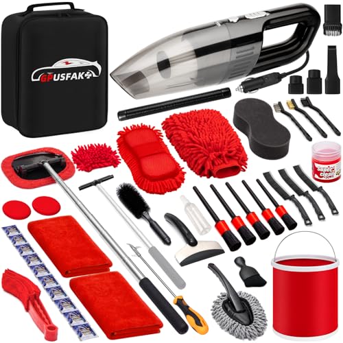 47Pcs Car Wash Cleaning Kit with High Power Handheld Vacuum Windshield Cleaning Tool with Side Mirror Squeegee Bucket Detailing Brushes Tire Brush Towels Complete Detailing Set for Car - size: 47Pcs