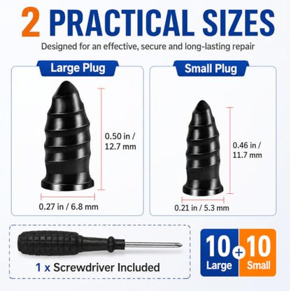 Screw In Tire Plugs Repair Kit 20pcs 2 Sizes Fast DIY For Car Truck Tires | Easy DIY Installation, 2 Sizes Included, Durable Rubber With Iron Core