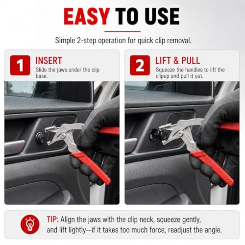 Car Clip Pliers, Auto Clip Removal Pliers, Panel Clip Removal Tool for Automotive Plastic Fasteners, Trim Clips & Door Panel Removal, 17-4 PH Stainless Steel, Damage-Free Removal