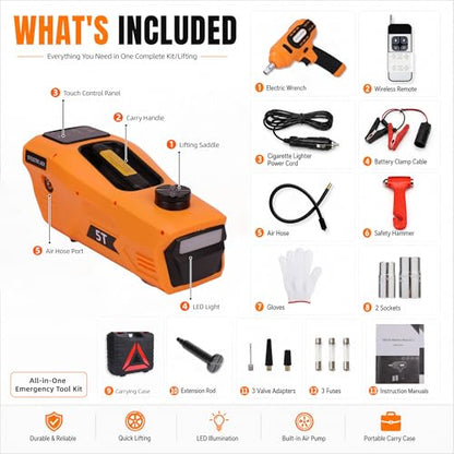 Trihelper Electric Car Jack 5 Ton 12V Hydraulic Jack Lift with Impact Wrench Touch Screen Tire Inflator Pump Wireless Remote 3 Mode LED Light for Roadside Tire Change Cars Sedans SUVs MPVs Trucks