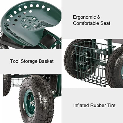 Kinfant Rolling Garden Cart Scooter Stool - Garden Cart with Wheels & Seat Rolling Stool Gardening Cart, Adjustable Handle 360 Degree Swivel (Green) - color: Dark Green