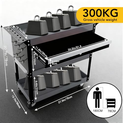 Tool Cart,27.5" 3 Tier Tool Cart on Wheels,Utility Industrial Service Cart with Drawers,Pegboard and Locking System,Suitable for Garage,Warehouse,Mechanic,440LBS Load,Black - size: Black