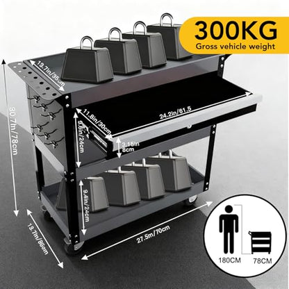 Tool Cart,27.5" 3 Tier Tool Cart on Wheels,Utility Industrial Service Cart with Drawers,Pegboard and Locking System,Suitable for Garage,Warehouse,Mechanic,440LBS Load,Black - size: Black