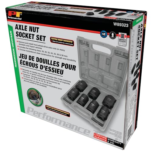 Performance Tool W89323 Axle Nut Socket Set, 1/2" Drive (7 Pieces) - Chrome Molybdenum Steel, Extra-Deep Sockets, Fits Various Domestic and Import Vehicles, Storage Case Included - style: 7 Pc. 1/2" Dr. Axle Nut Socket Set