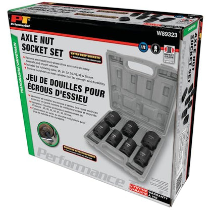 Performance Tool W89323 Axle Nut Socket Set, 1/2" Drive (7 Pieces) - Chrome Molybdenum Steel, Extra-Deep Sockets, Fits Various Domestic and Import Vehicles, Storage Case Included - style: 7 Pc. 1/2" Dr. Axle Nut Socket Set