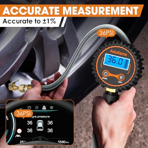 Digital Tire Pressure Gauge with Inflator, 250 PSI Heavy Duty Air Chuck Air Compressor Attachments, Improved Leaks Protection & Stainless Braided Hose Tire Gauge with a Portable Carrying Box - color: Standard With Case