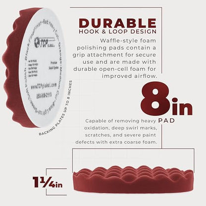 TCP Global 8" Red Waffle Foam Buffing Pad Hook and Loop Backing - Extra Coarse Buffing Pad for Polishing, Automotive, Marine, Truck, RV & Compound Cutting, Car Polishing Pads - color: Red