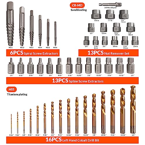 Coobeast 49Pcs Bolt Extractor Kit with Left Hand Drill Bit, Screw Extractor Set Heavy Duty, Bolt Extractor & Reverse Drill Bit Easy Out Damaged Nuts Stripped Screw with Portable Case Great Mens Gift - size: 49PCS