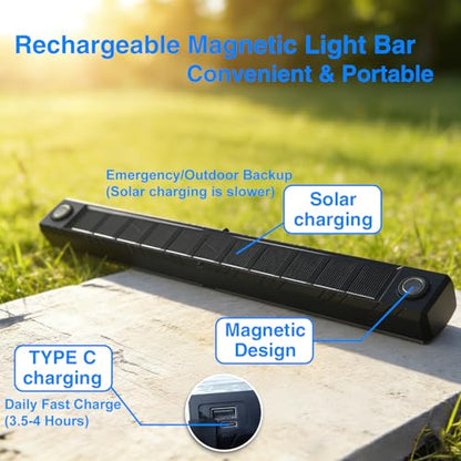 Solar Magnetic Work Light Bar 3000LM 4000mAh, Rechargeable LED Underhood Mechanic Light for Car Repair & Camping, Strong Magnet Base, Tripod Mount, Hook, Type-C - style: L0